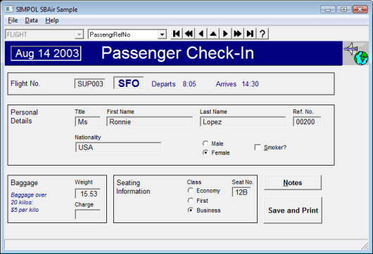 Image of the CHECKIN form in the new SB Air application