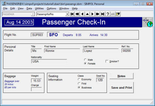 Image of the CHECKIN form after repair in the Form Designer