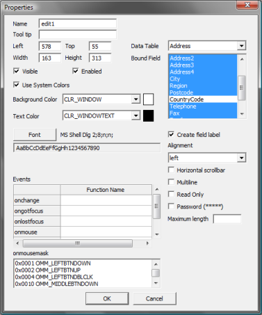 Image of the Properties dialog selecting multiple fields for the edit control