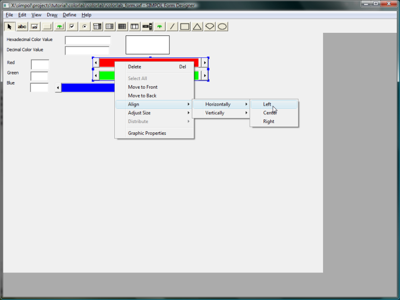 Showing the right-mouse pop-up menu for aligning the selection