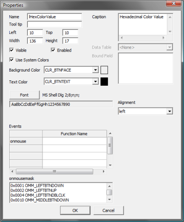 The Properties dialog for a label