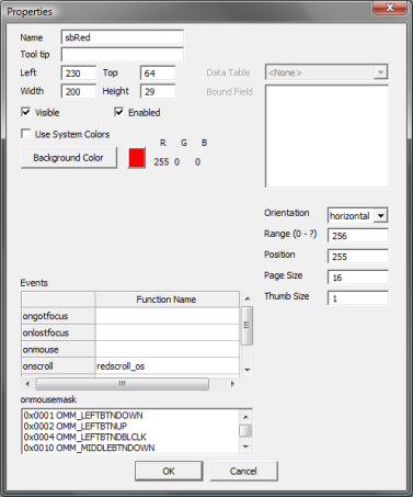 The Properties dialog for a scrollbar