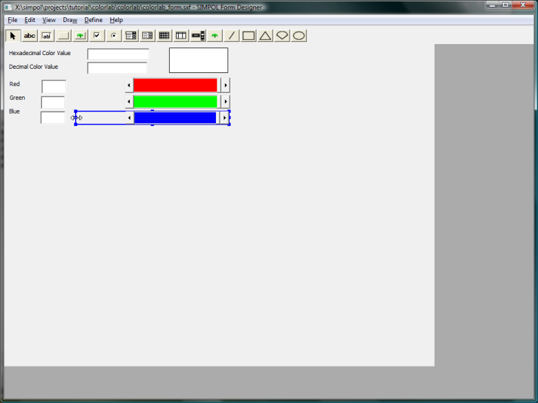 The state of the form after moving the color edit controls and during resizing of the blue scrollbar