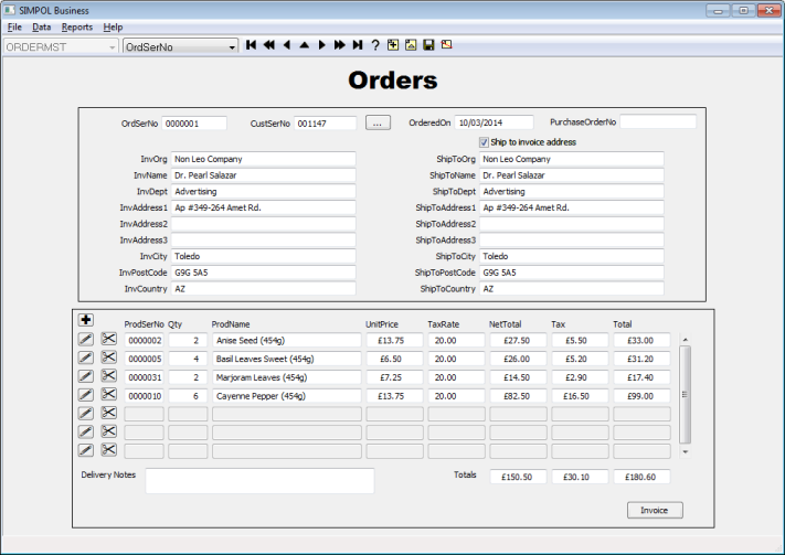 Image of the Orders Form from SIMPOL Business