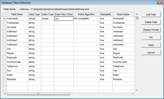 Image of the AddressID entry after changing the data type and adding an index